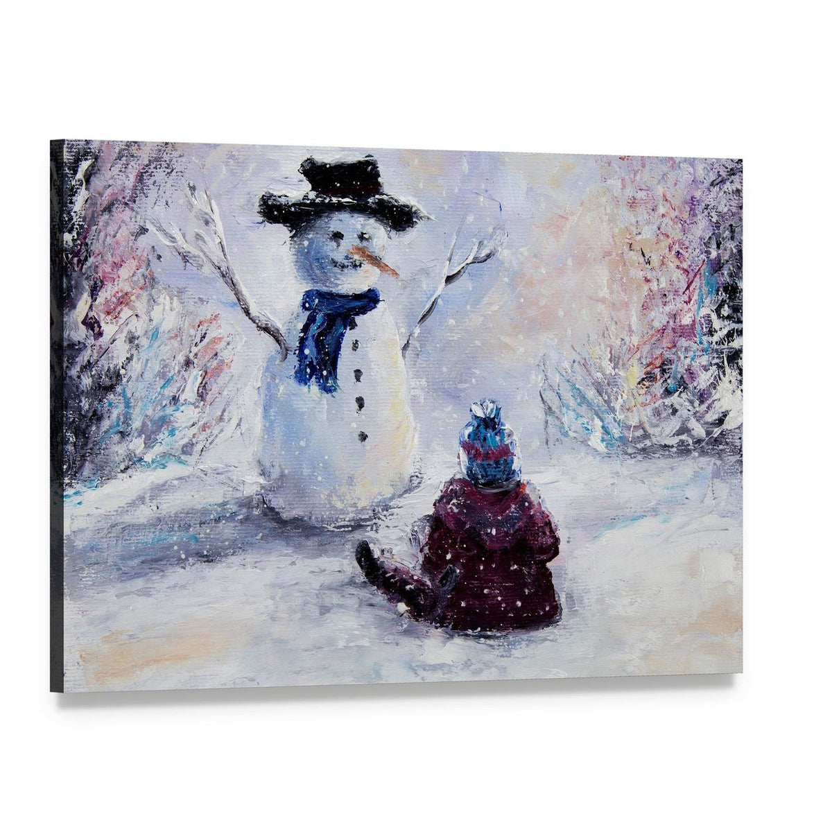 Snowman and Child Canvas Wall Art, single panel gallery wrapped canvas, angled product view