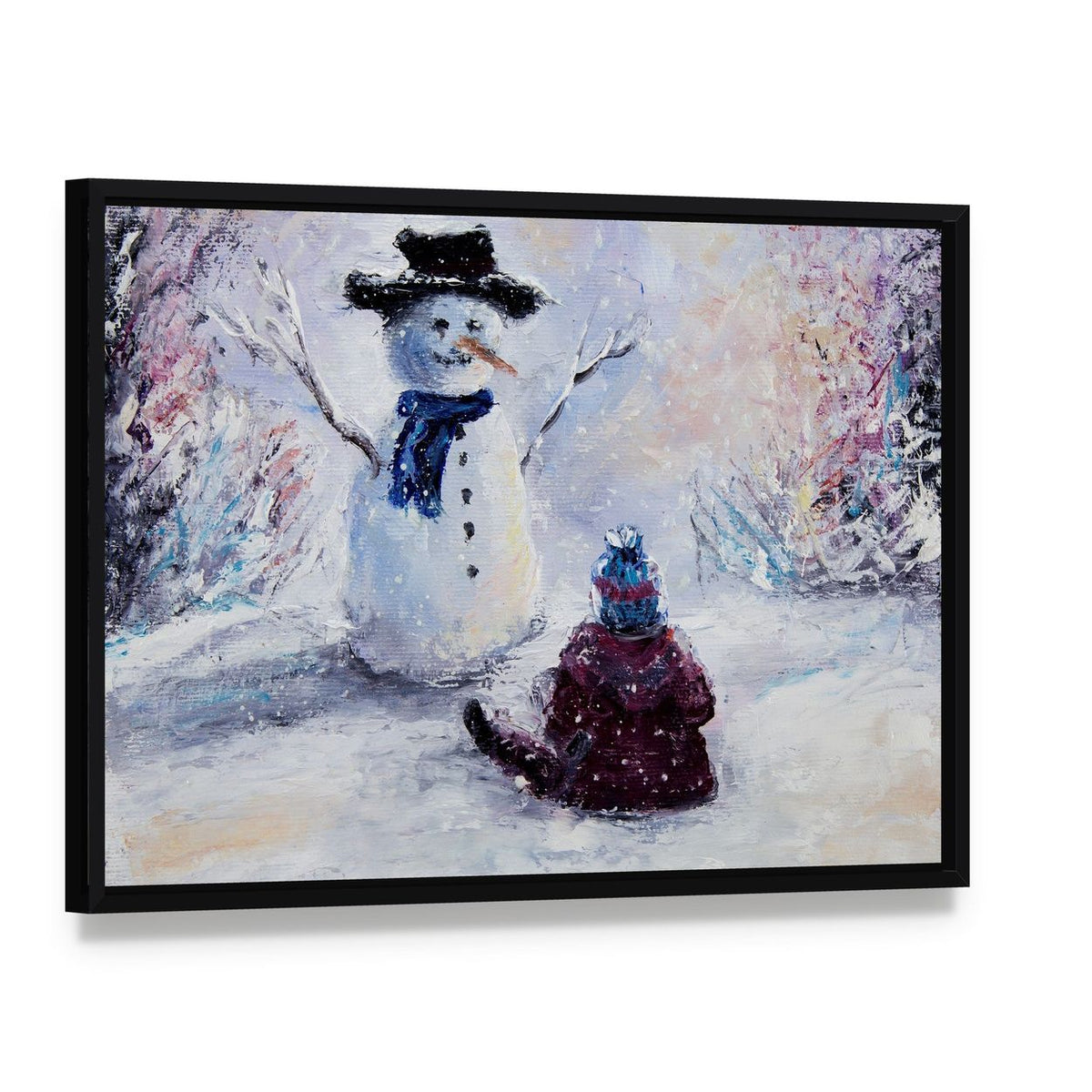 Snowman and Child Canvas Wall Art, framed canvas in a black floater frame, angled product view