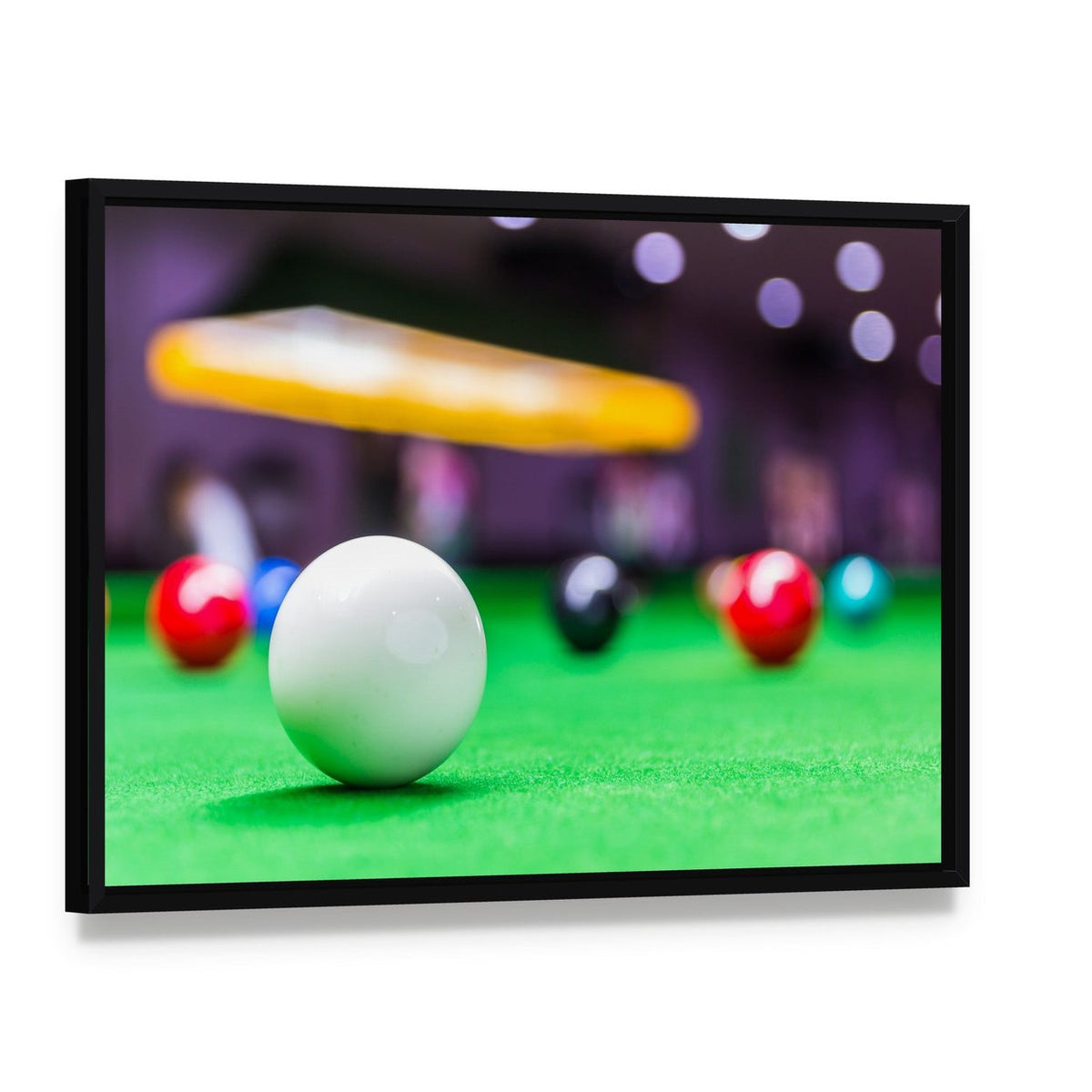 Snooker Ball on Table Canvas Wall Art, framed canvas in a black floater frame, angled product view