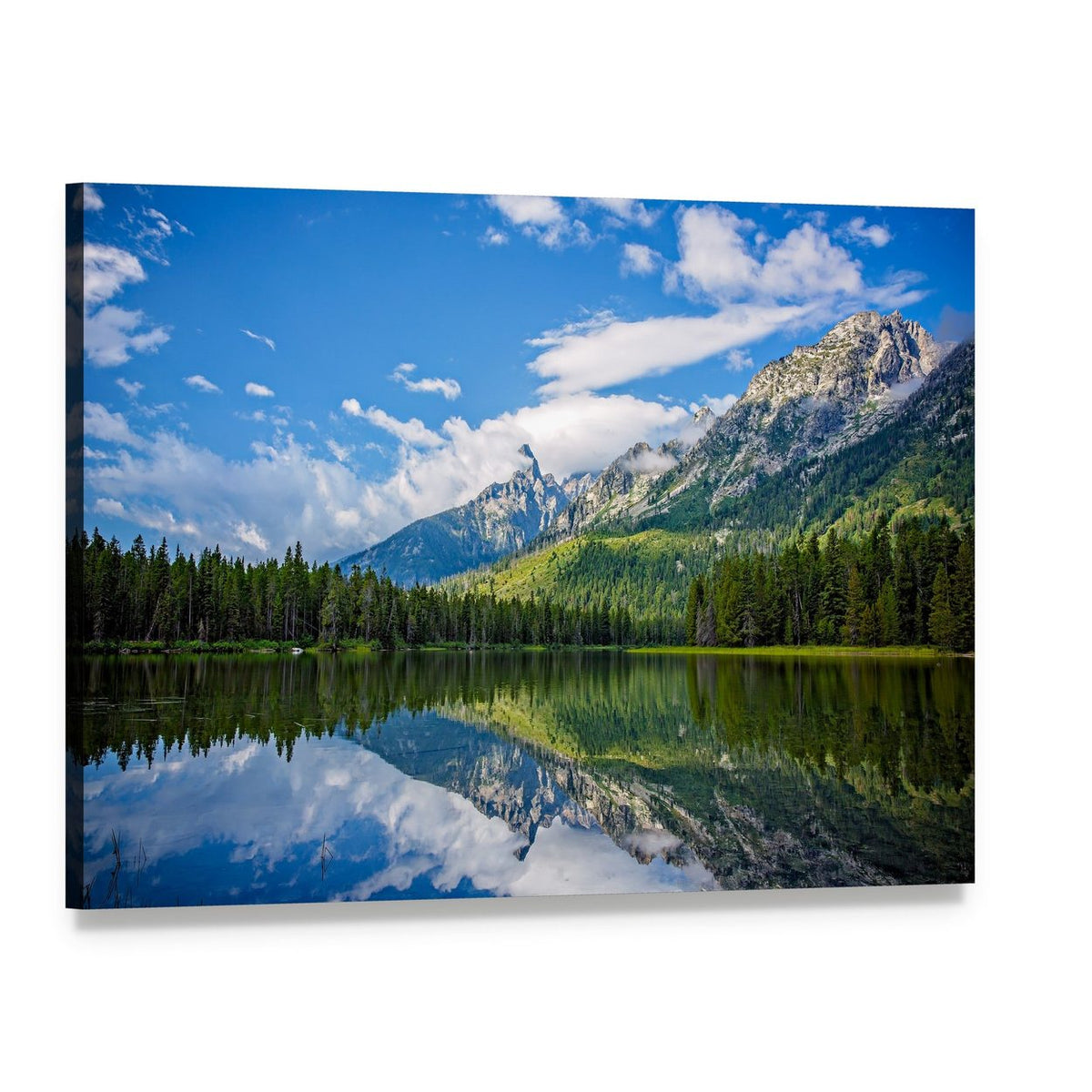 String Lake Mountain Landscape Canvas Wall Art, single panel gallery wrapped canvas, angled product view