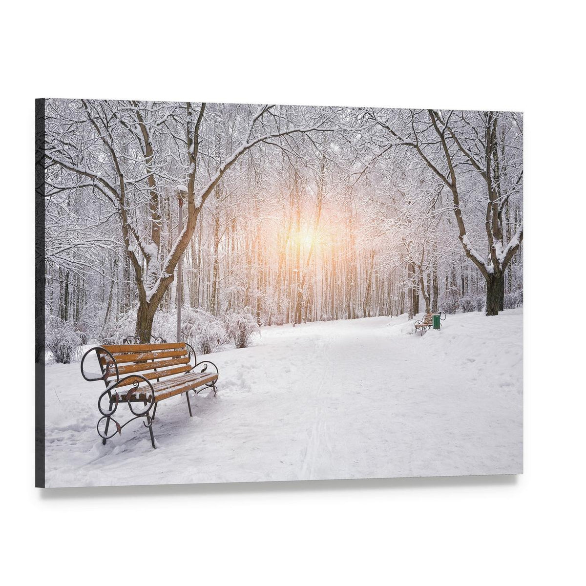 Park Bench Amid Snowy Trees at Sunset Canvas Wall Art, single panel gallery wrapped canvas, angled product view