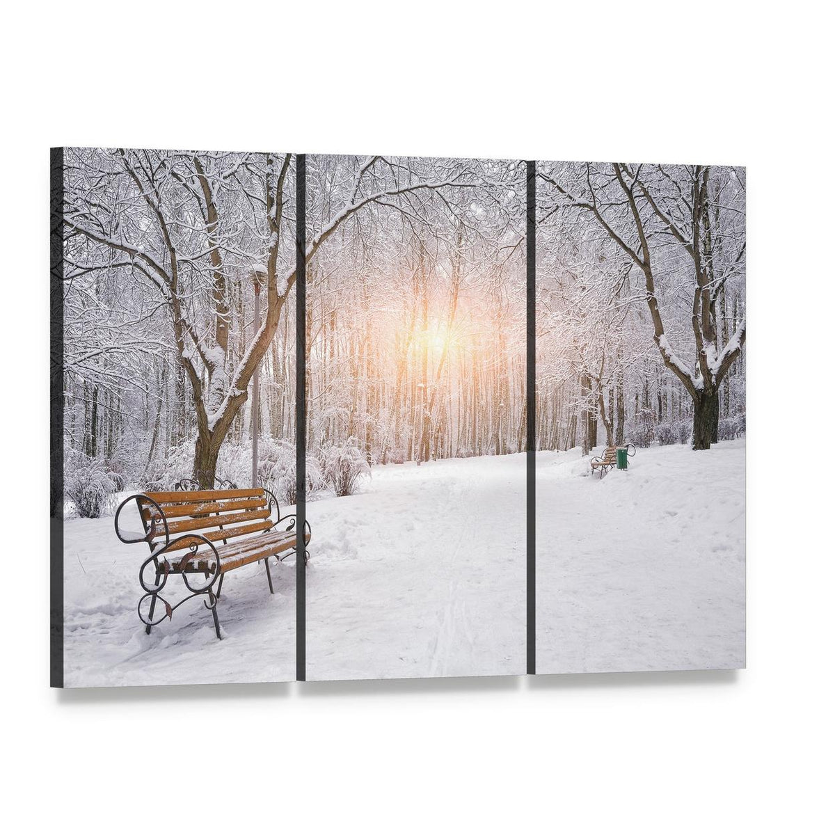 Park Bench Amid Snowy Trees at Sunset Canvas Wall Art, 3 panel 3 Horizontal layout gallery wrapped canvas set, angled product view