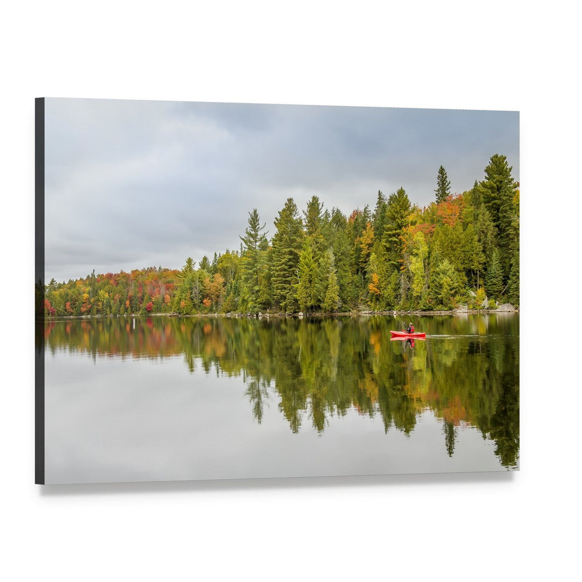 Man Paddling Red Kayak on Autumn Lake Canvas Wall Art, single panel gallery wrapped canvas, angled product view