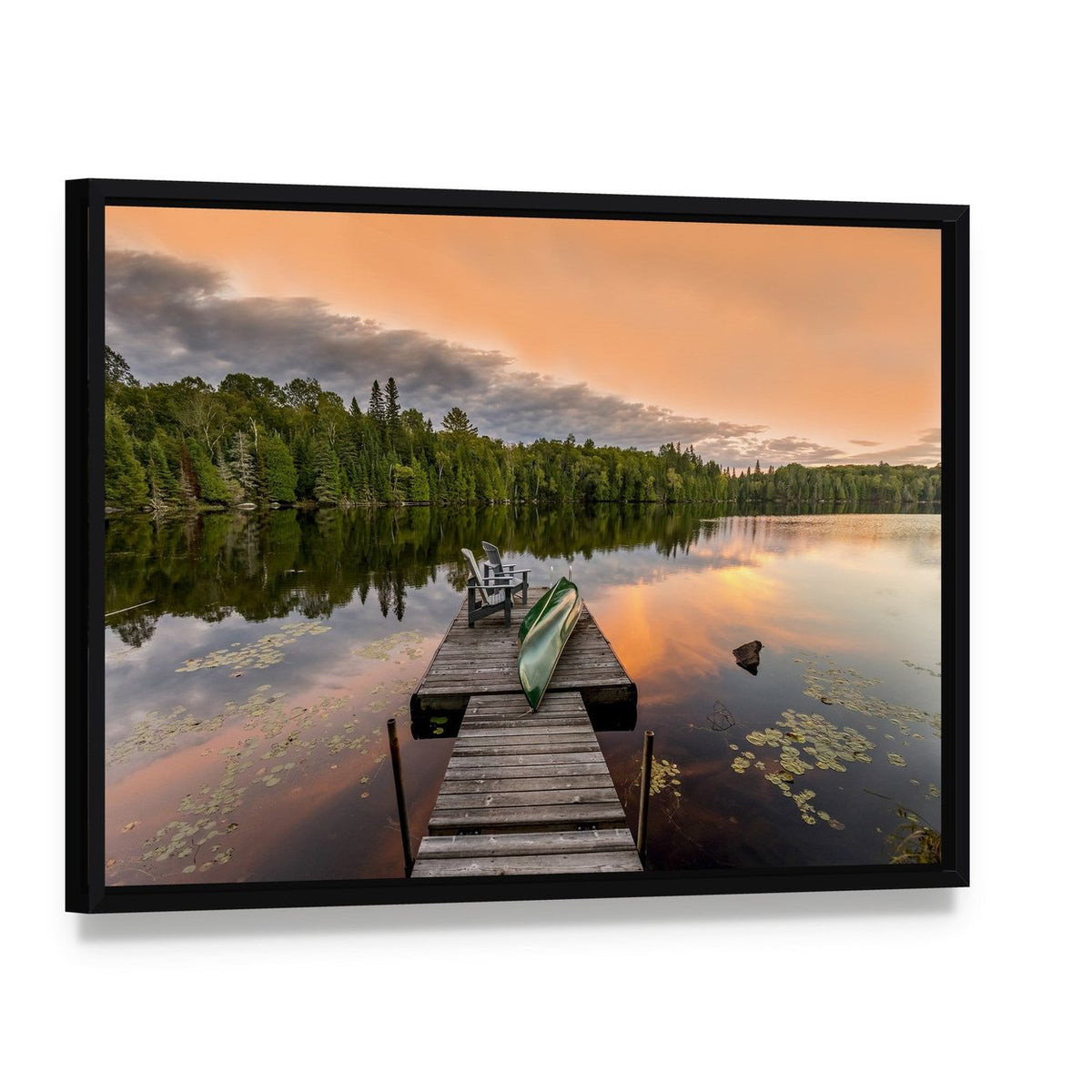 Green Canoe and Dock Chairs at Sunset Canvas Wall Art, framed canvas in a black floater frame, angled product view