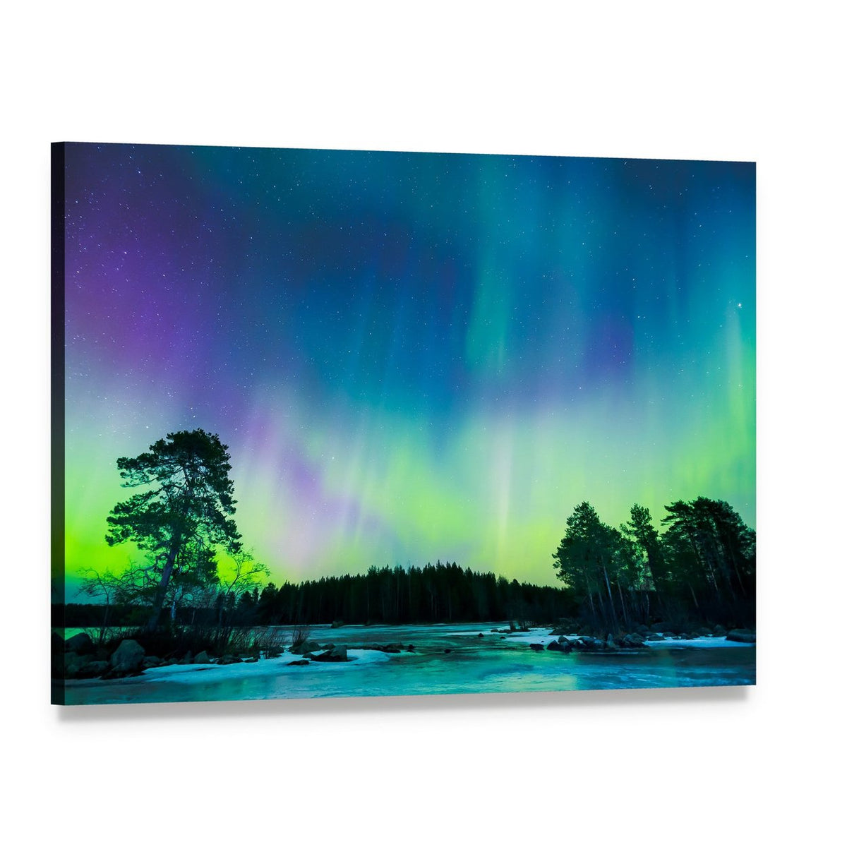 Northern Lights Over Icy Lake Canvas Wall Art, single panel gallery wrapped canvas, angled product view