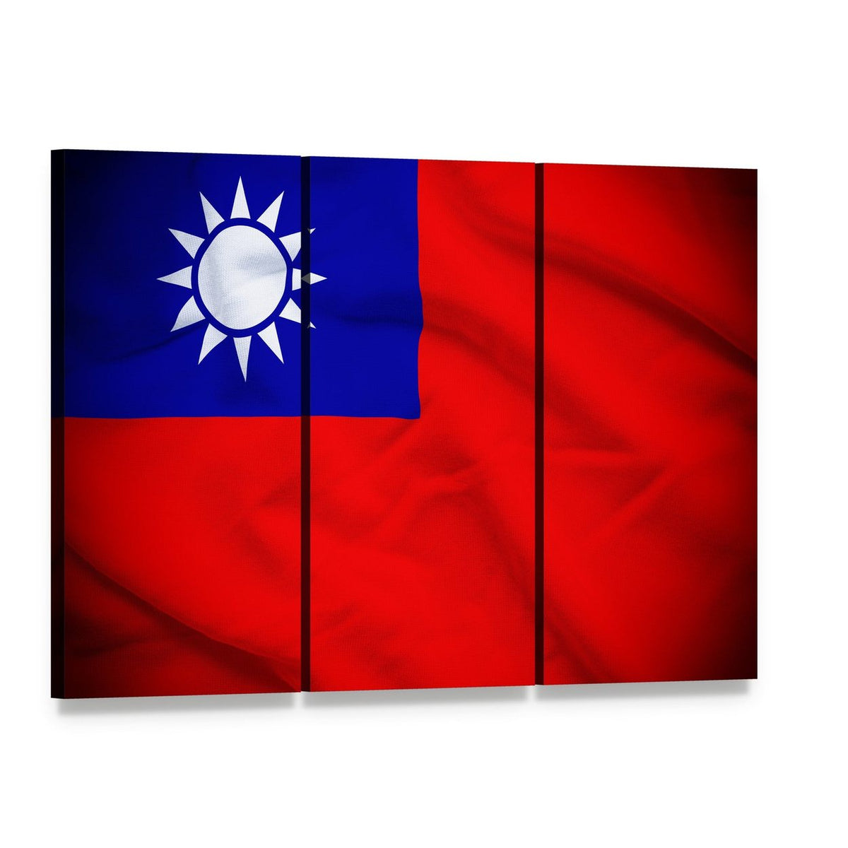 Taiwan Flag with White Sun Canton Canvas Wall Art, 3 panel 3 Horizontal layout gallery wrapped canvas set, angled product view