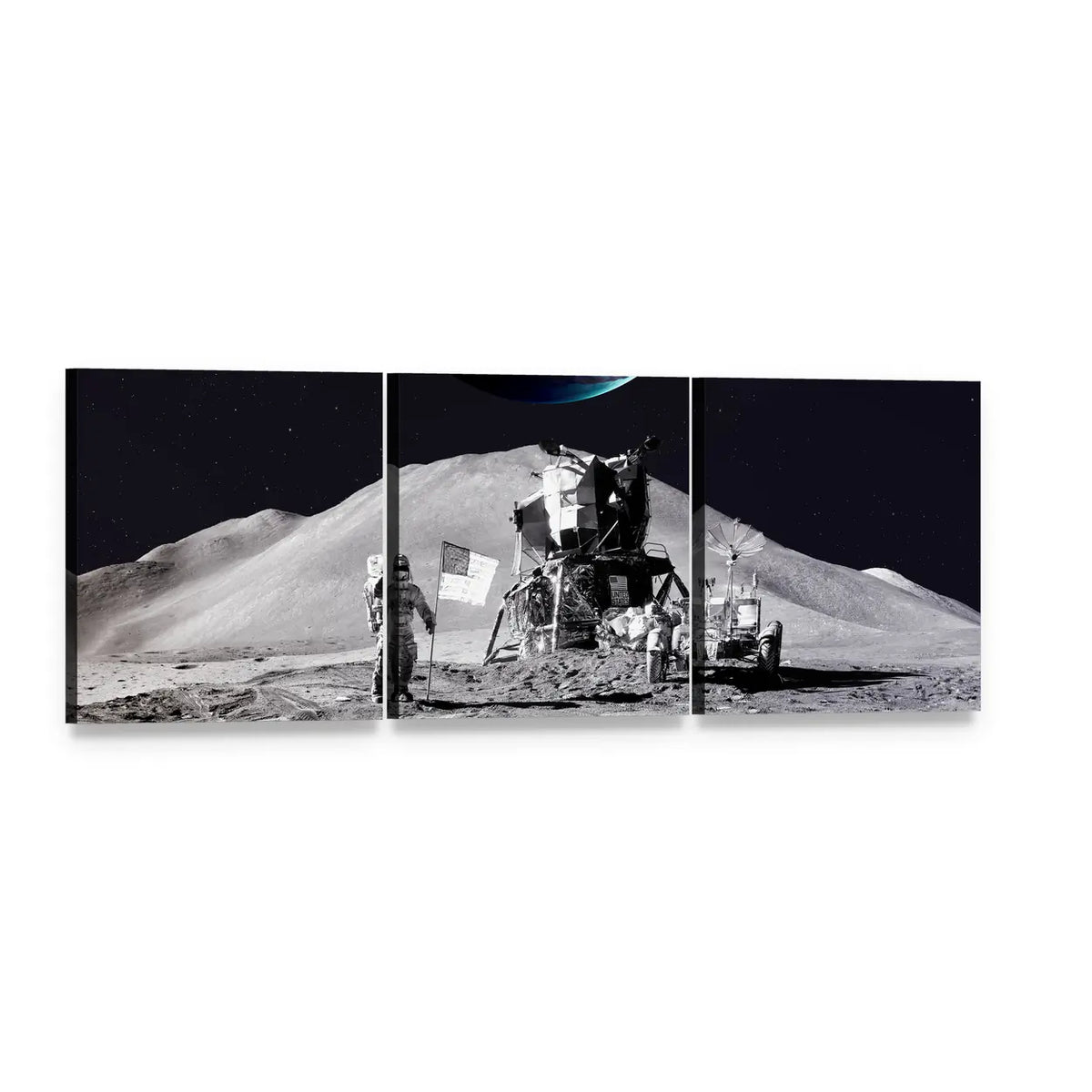 Astronaut on the Moon Panoramic Canvas Wall Art, 3 panel 3 Piece layout gallery wrapped canvas set, angled product view