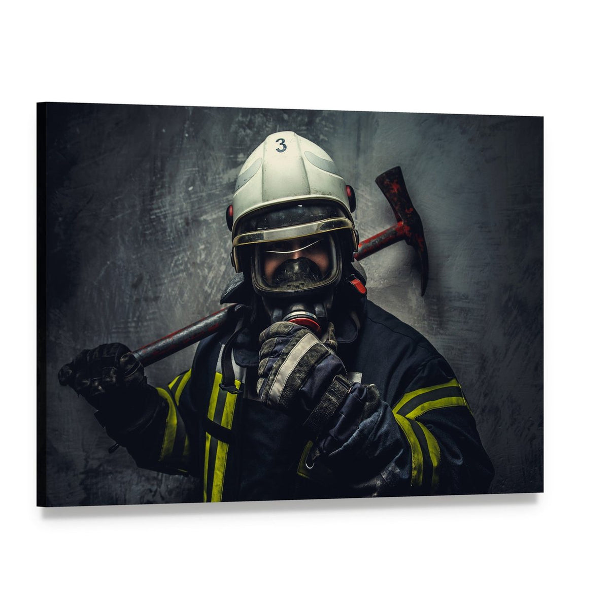 Rescue Firefighter with Number 3 Helmet Canvas Wall Art, single panel gallery wrapped canvas, angled product view