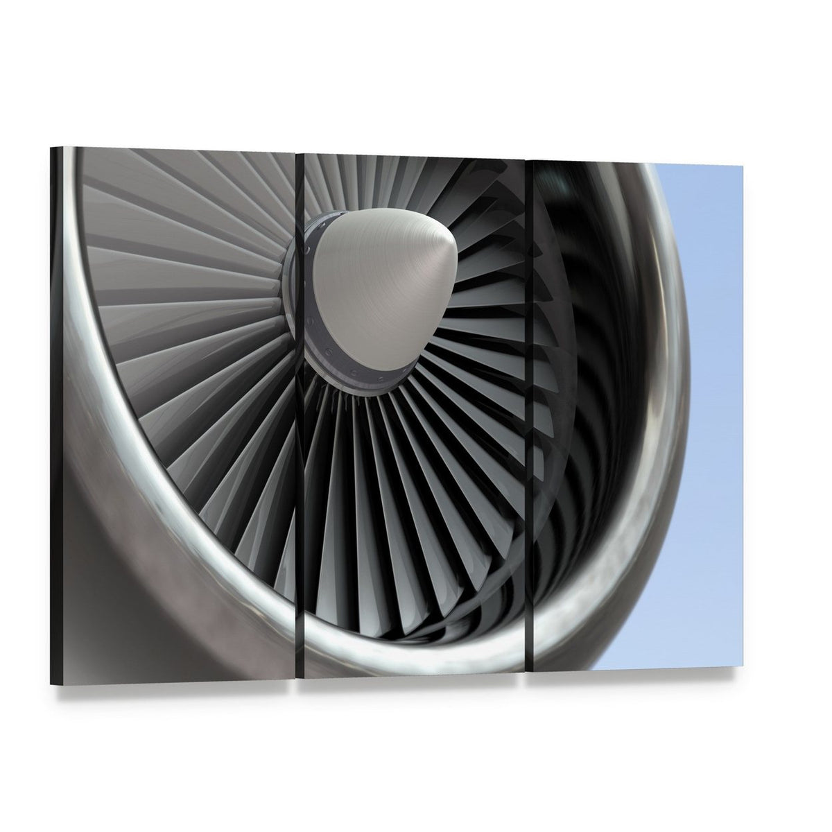 Airplane Turbine Blades Close Up Canvas Wall Art, 3 panel 3 Horizontal layout gallery wrapped canvas set, angled product view