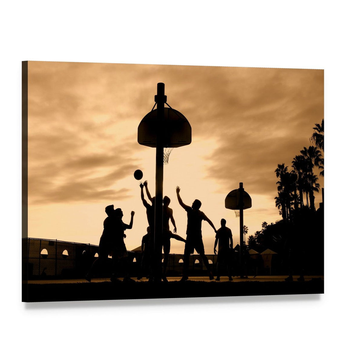 Basketball Players at Sunset Canvas Wall Art, single panel gallery wrapped canvas, angled product view