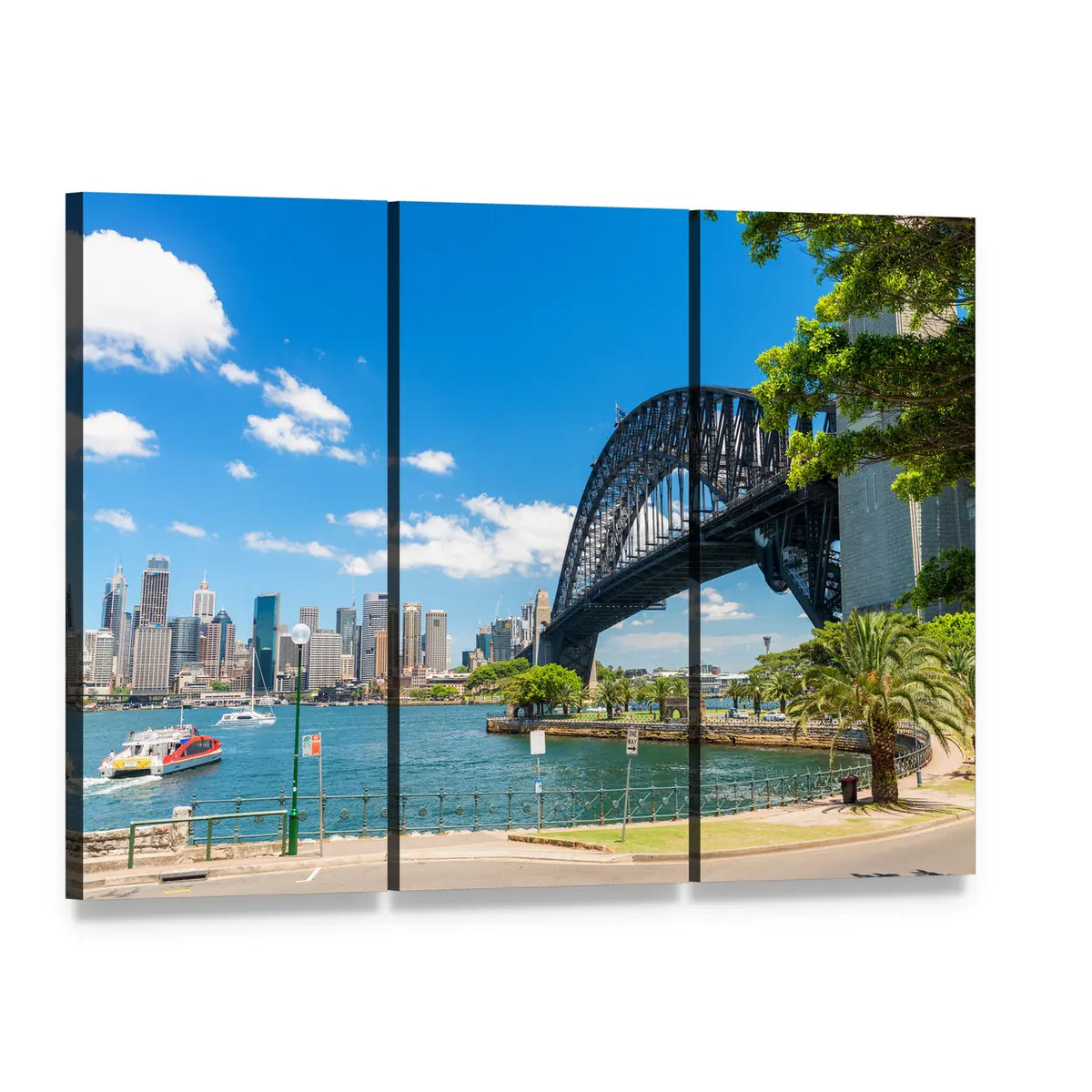 Sydney Harbour Bridge Side View Canvas Wall Art, 3 panel 3 Horizontal layout gallery wrapped canvas set, angled product view