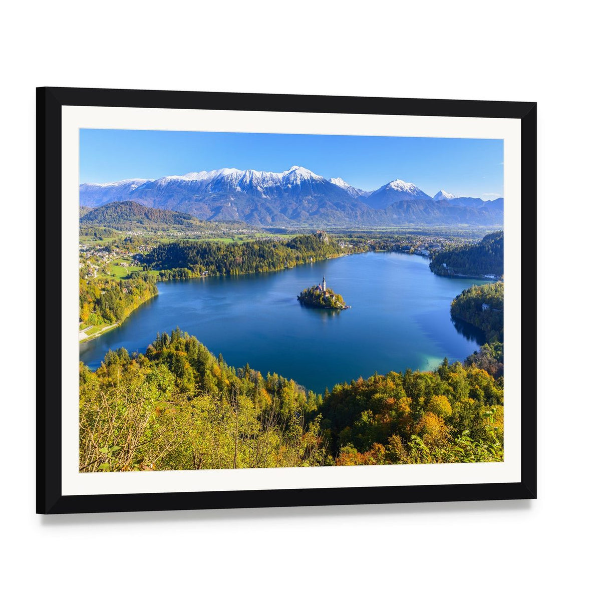 Lake Bled Landscape with Island Church Canvas Wall Art, framed print with white mat and black frame, angled product view