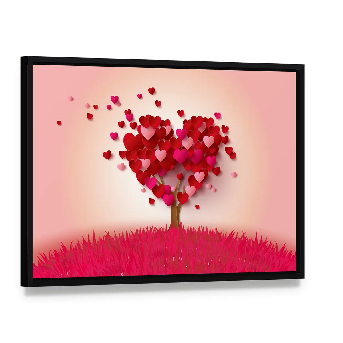 Love Tree With Heart Leaves Canvas Wall Art, framed canvas in a black floater frame, angled product view