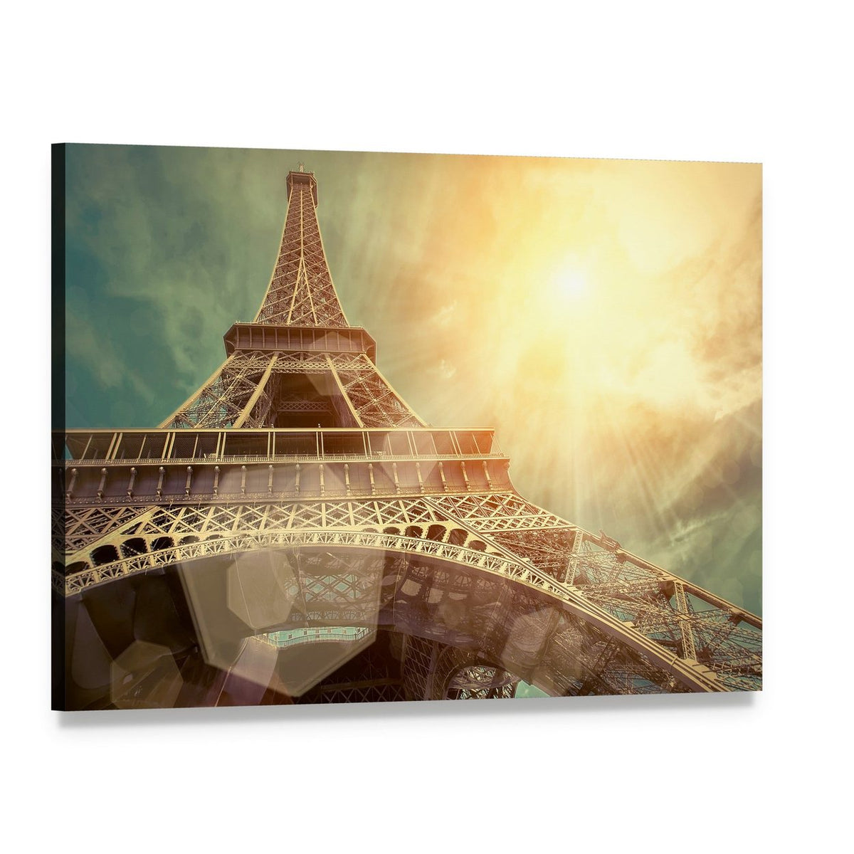 Close Up Eiffel Tower Canvas Wall Art, single panel gallery wrapped canvas, angled product view