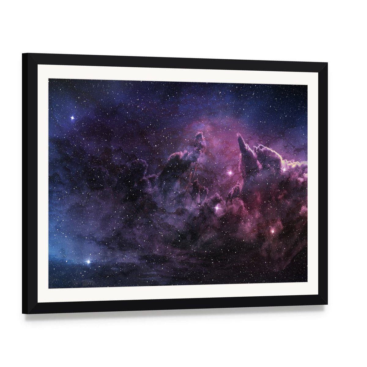 Purple Nebula and Cosmic Dust in Star Field Canvas Wall Art, framed print with white mat and black frame, angled product view