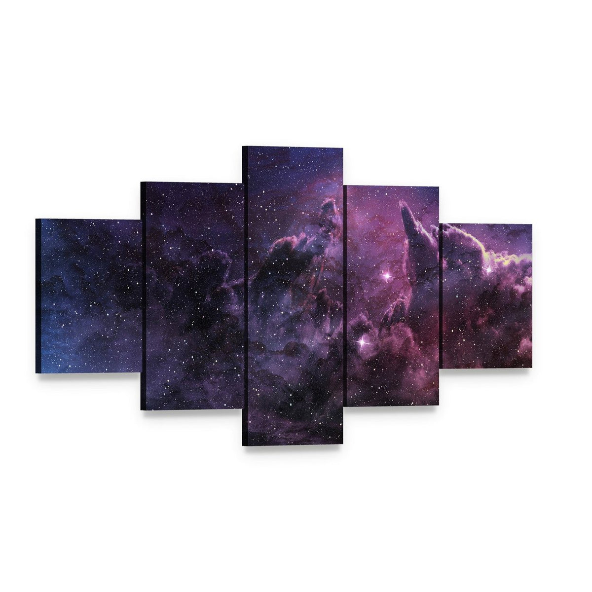 Purple Nebula and Cosmic Dust in Star Field Canvas Wall Art, 5 panel 5 Star layout gallery wrapped canvas set, angled product view