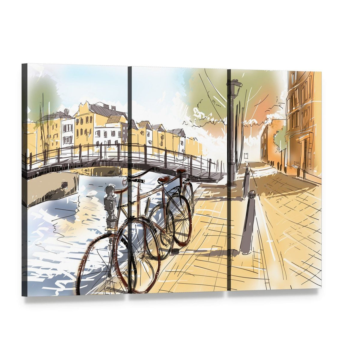 Bicycles on Amsterdam Street Canvas Wall Art, 3 panel 3 Horizontal layout gallery wrapped canvas set, angled product view