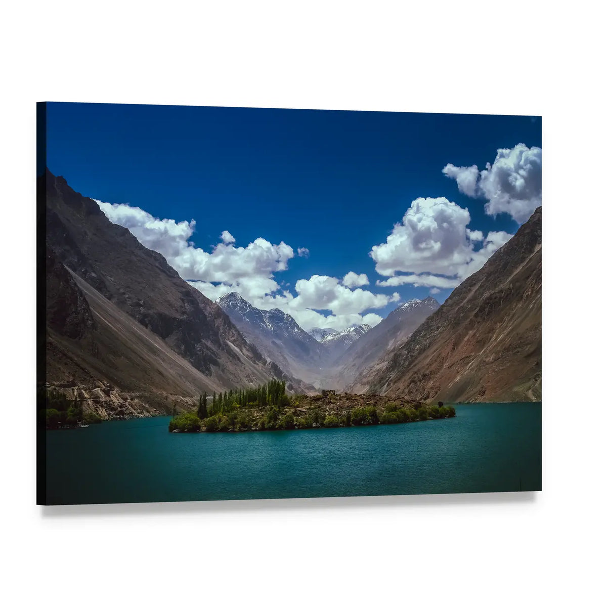 Turquoise Lake and Island in Mountain Valley Canvas Wall Art, single panel gallery wrapped canvas, angled product view