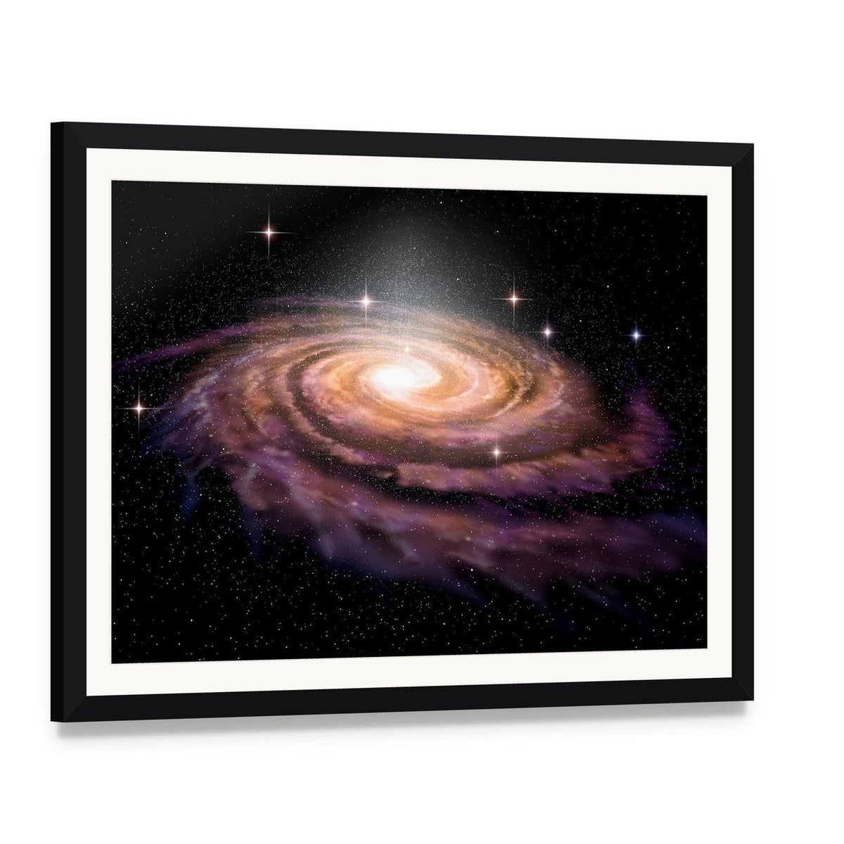 Spiral Galaxy in Deep Space Illustration Canvas Wall Art, framed print with white mat and black frame, angled product view