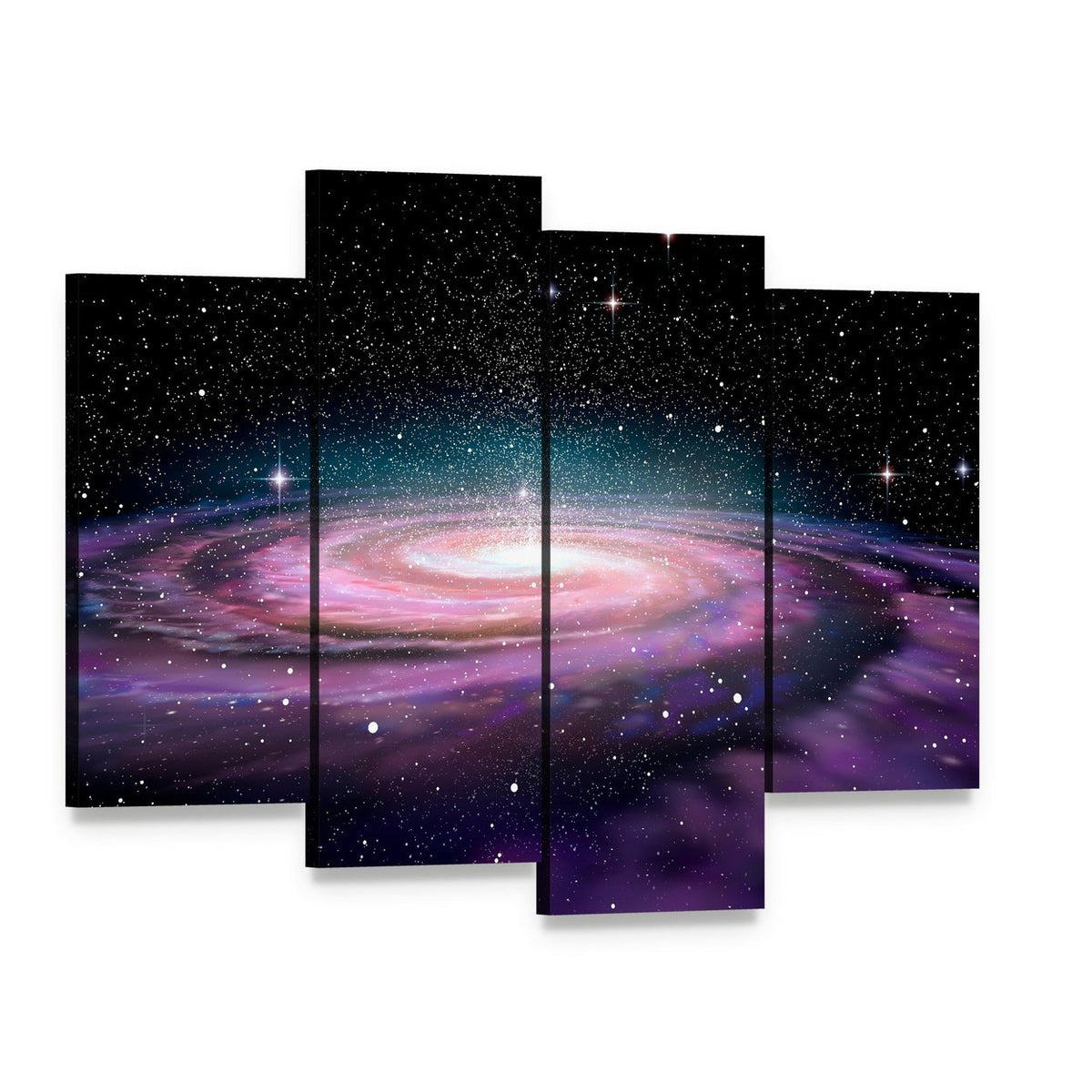 Spiral Galaxy in Deep Space Illustration Canvas Wall Art, 4 panel 4 Pop layout gallery wrapped canvas set, angled product view