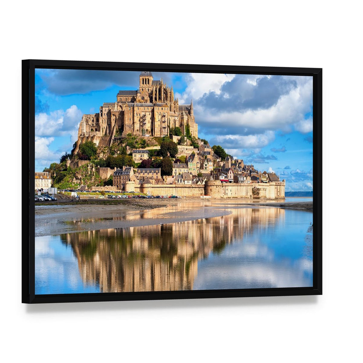 Mont Saint-michel Canvas Wall Art, framed canvas in a black floater frame, angled product view