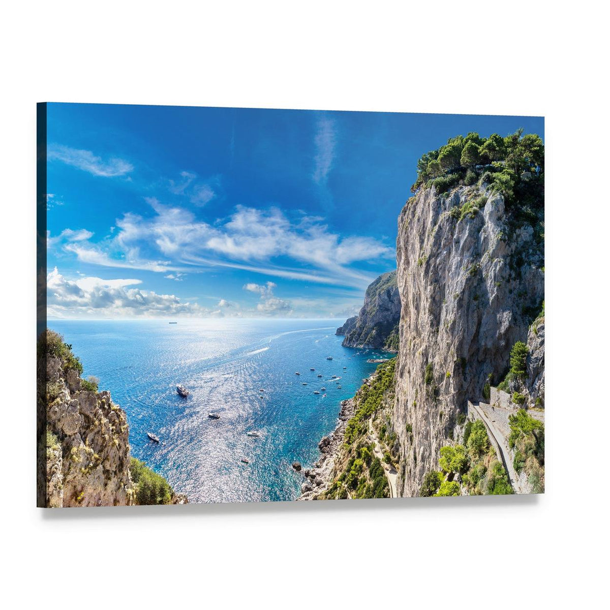 Capri Cliffside with Boats Canvas Wall Art, single panel gallery wrapped canvas, angled product view