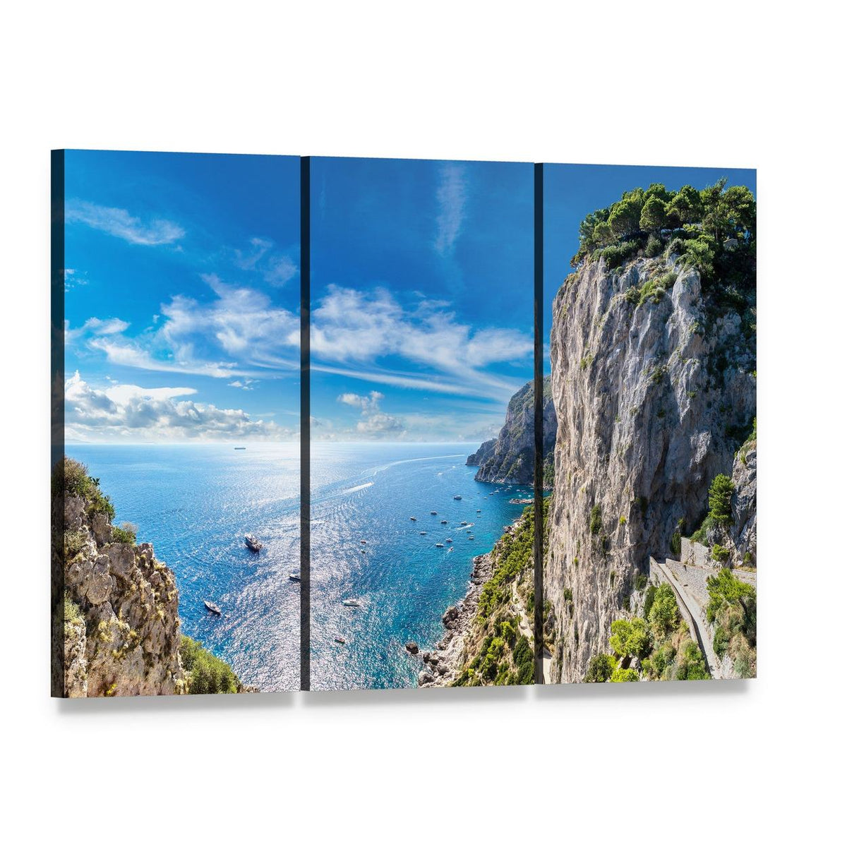 Capri Cliffside with Boats Canvas Wall Art, 3 panel 3 Horizontal layout gallery wrapped canvas set, angled product view