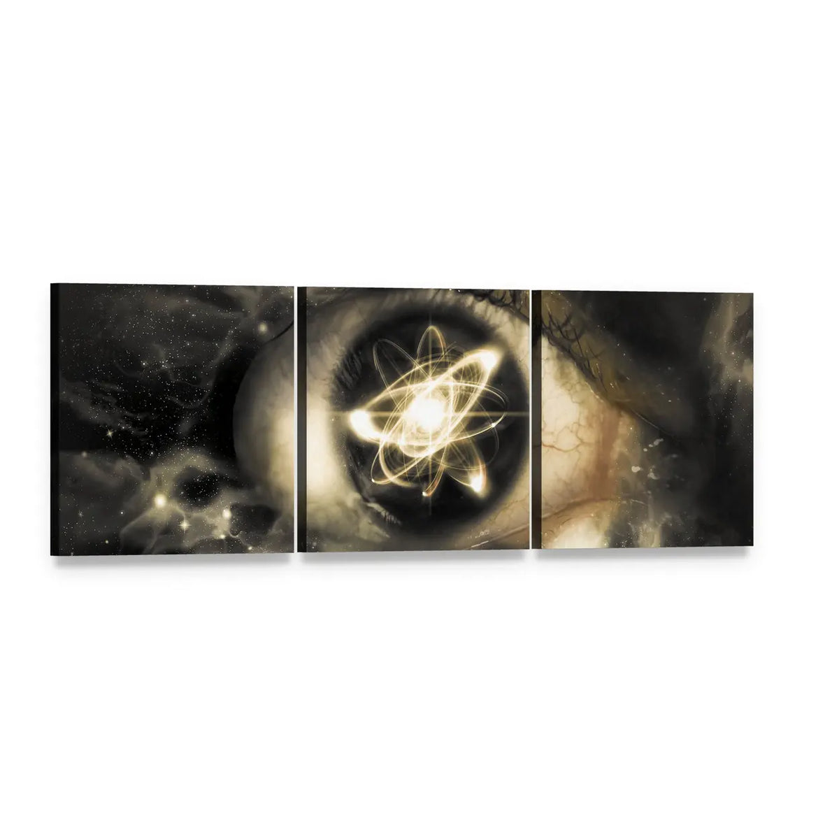Atomic Iris with Orbital Rings Panoramic Canvas Wall Art, 3 panel 3 Piece layout gallery wrapped canvas set, angled product view