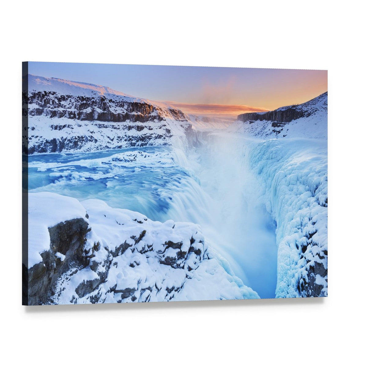 Gullfoss Falls at Sunset Canvas Wall Art, single panel gallery wrapped canvas, angled product view