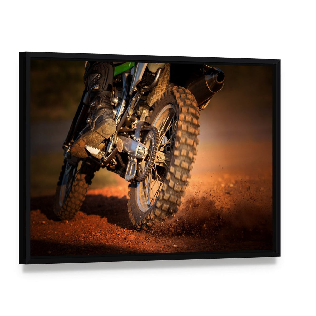 Motorcycle on Dirt Track Canvas Wall Art, framed canvas in a black floater frame, angled product view