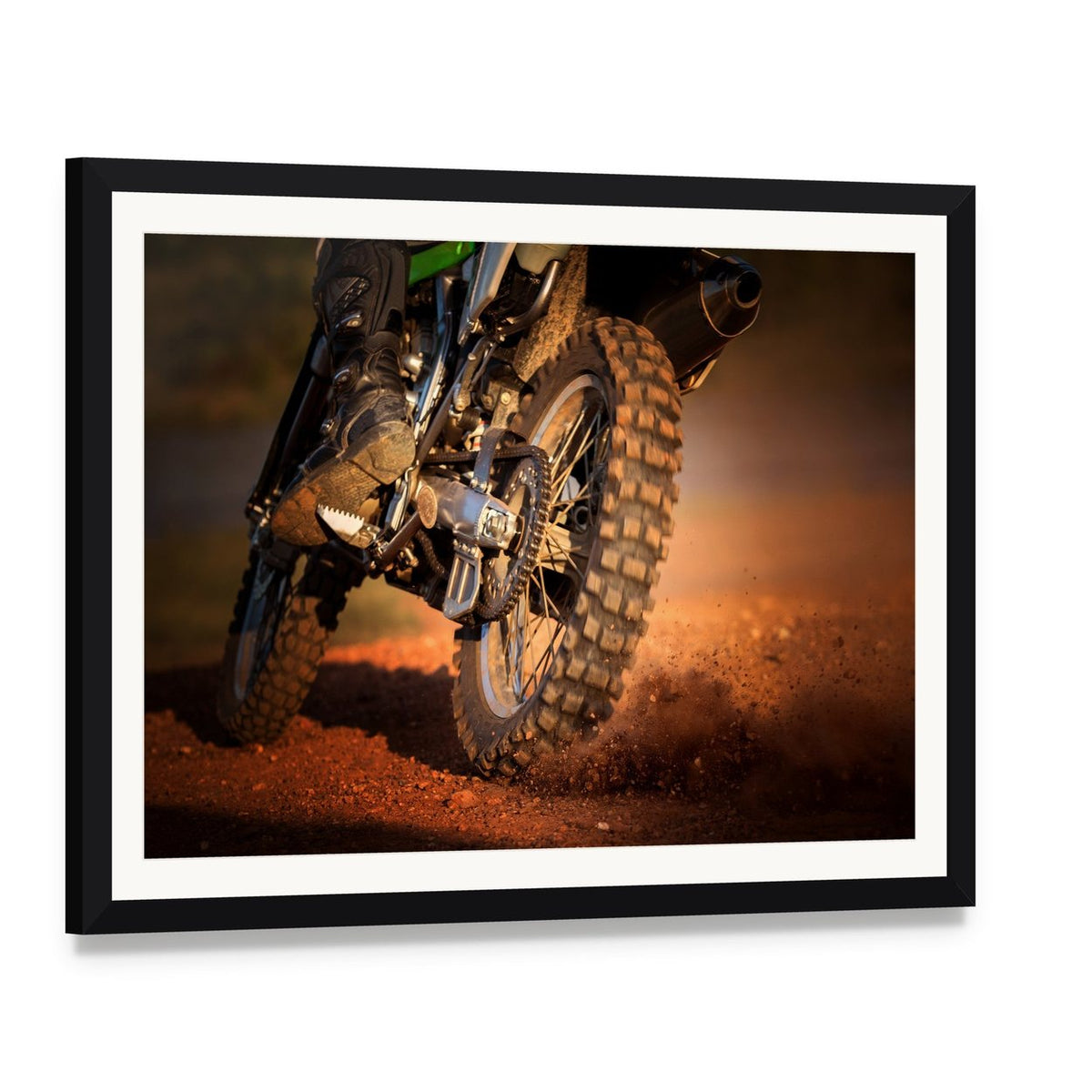 Motorcycle on Dirt Track Canvas Wall Art, framed print with white mat and black frame, angled product view