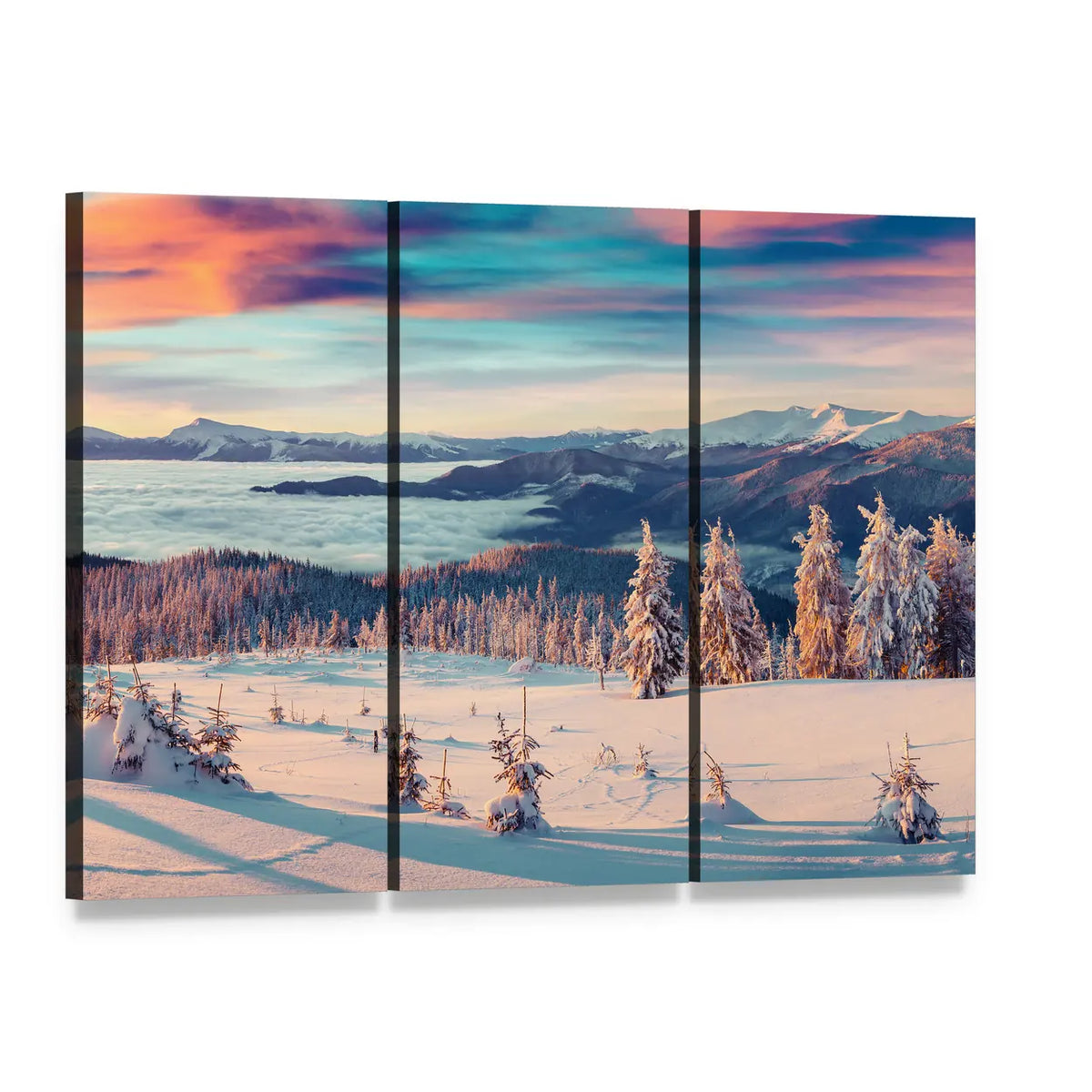 Snowy Carpathian Mountains Canvas Wall Art, 3 panel 3 Horizontal layout gallery wrapped canvas set, angled product view