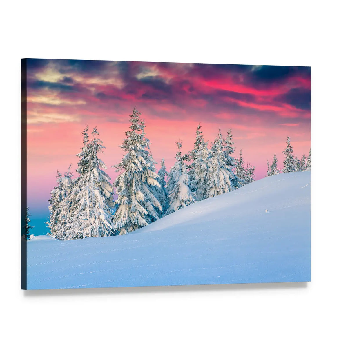 Snow-covered Pines at Winter Sunset Canvas Wall Art, single panel gallery wrapped canvas, angled product view