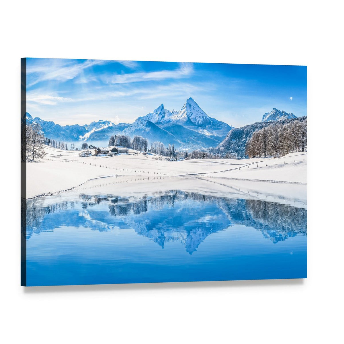 Snowy Mountain Lake Reflection Canvas Wall Art, single panel gallery wrapped canvas, angled product view