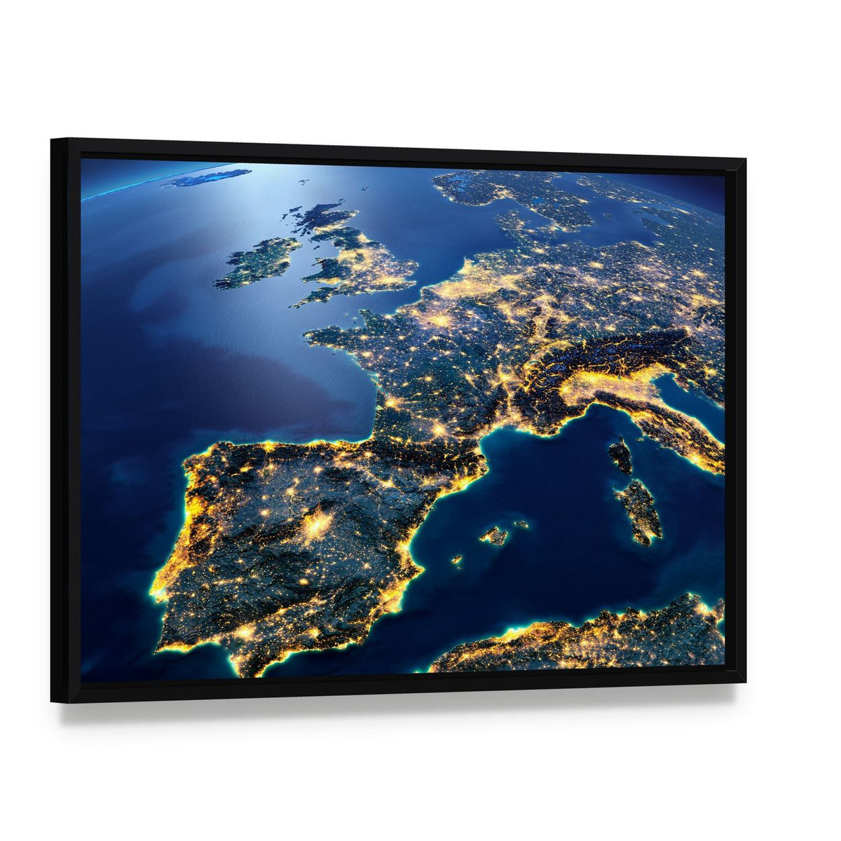Planet Earth Night View Canvas Wall Art, framed canvas in a black floater frame, angled product view