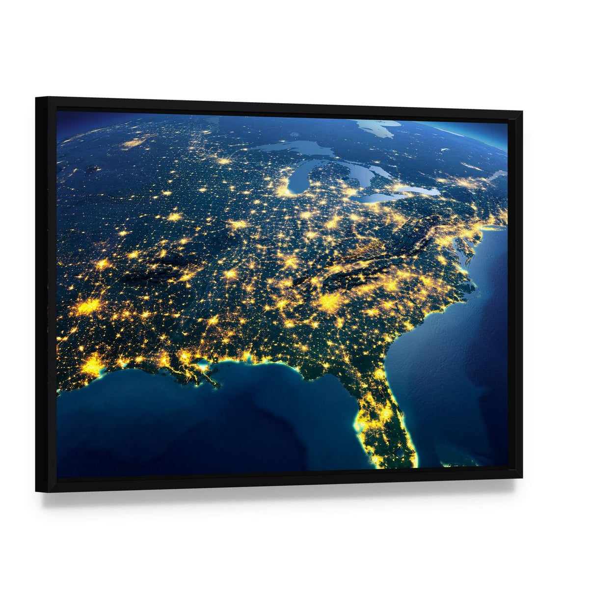 Gulf of Mexico from Space Canvas Wall Art, framed canvas in a black floater frame, angled product view