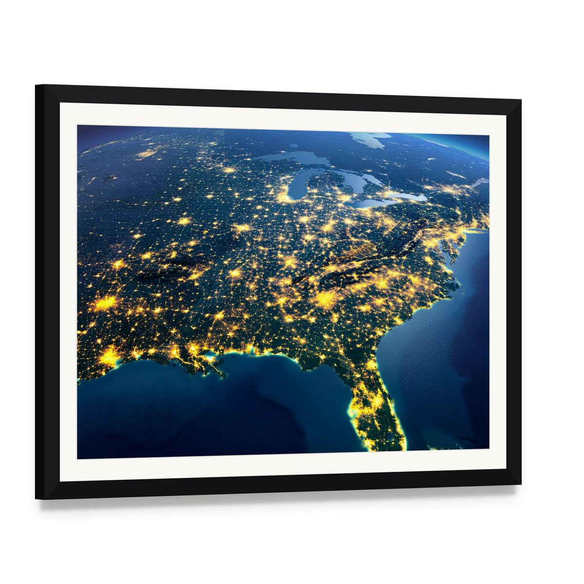 Gulf of Mexico from Space Canvas Wall Art, framed print with white mat and black frame, angled product view