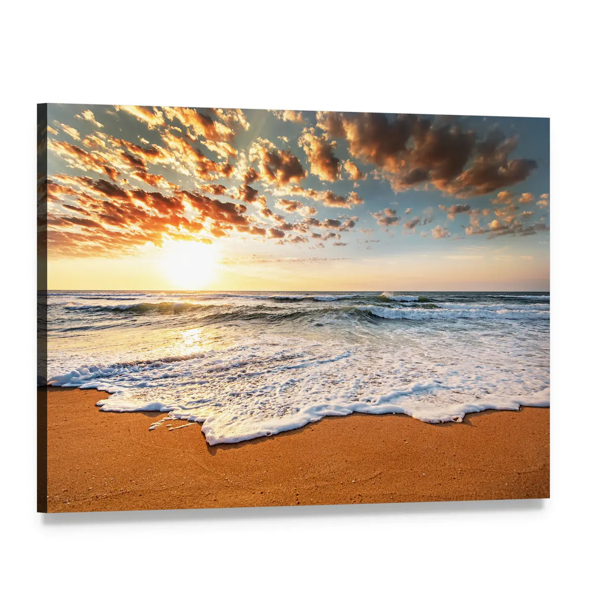 Sunset Over Ocean Beach Canvas Wall Art, single panel gallery wrapped canvas, angled product view