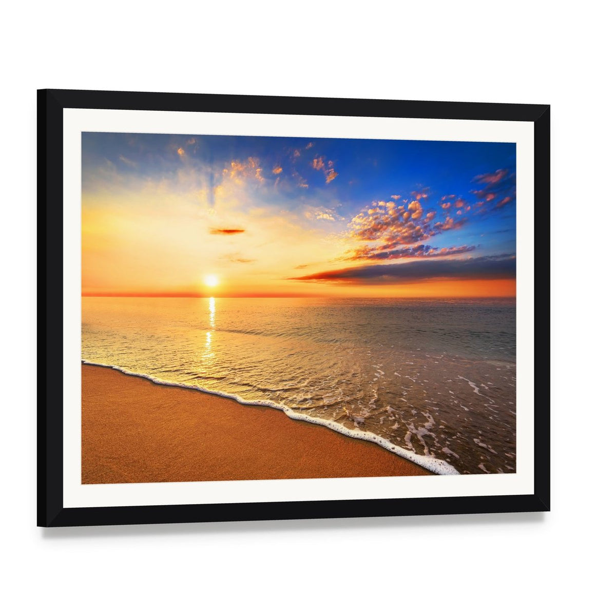 Sunrise on the Beach Canvas Wall Art, framed print with white mat and black frame, angled product view