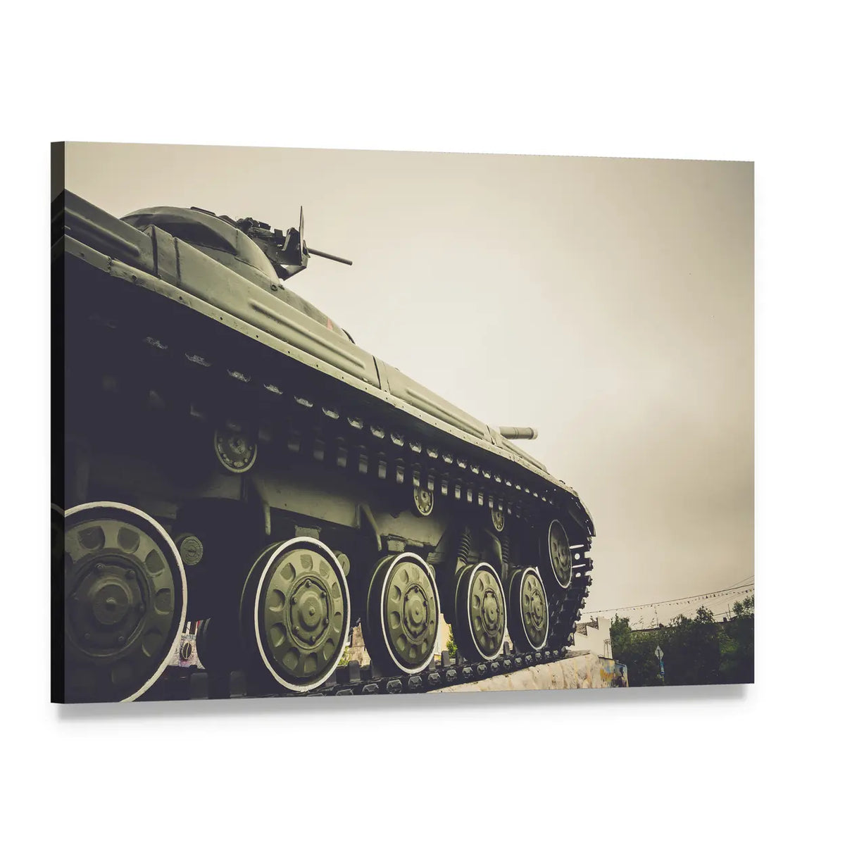 Vintage Military Tank in Fog Canvas Wall Art, single panel gallery wrapped canvas, angled product view