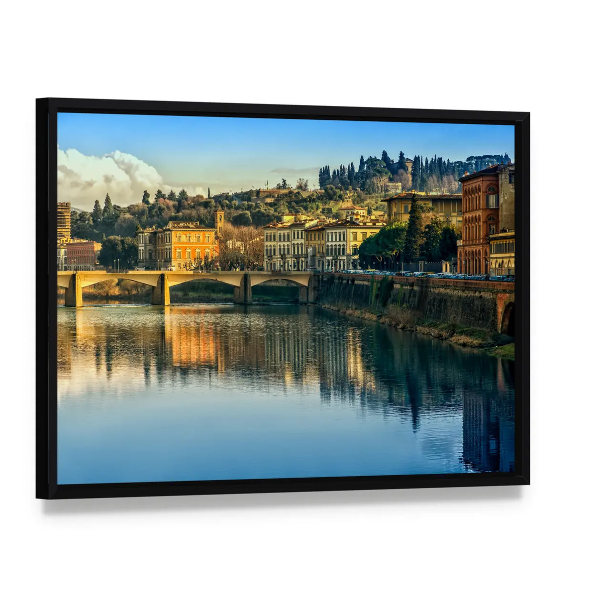 Arno River Reflection in Firenze Canvas Wall Art, framed canvas in a black floater frame, angled product view