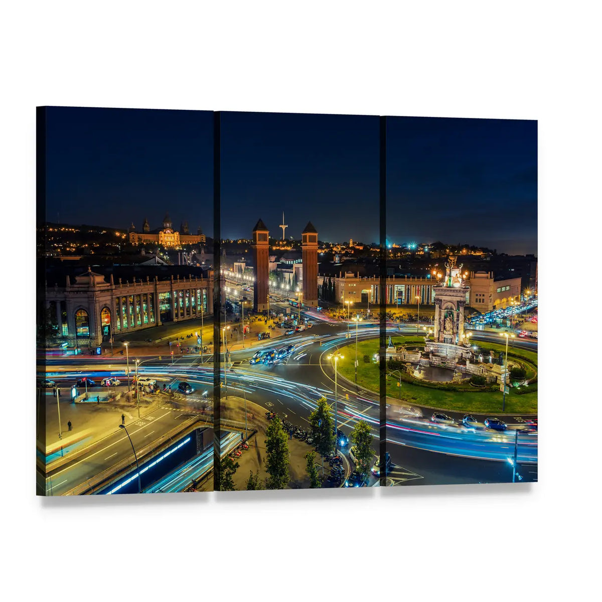 Plaza Espanya at Night Canvas Wall Art, 3 panel 3 Horizontal layout gallery wrapped canvas set, angled product view