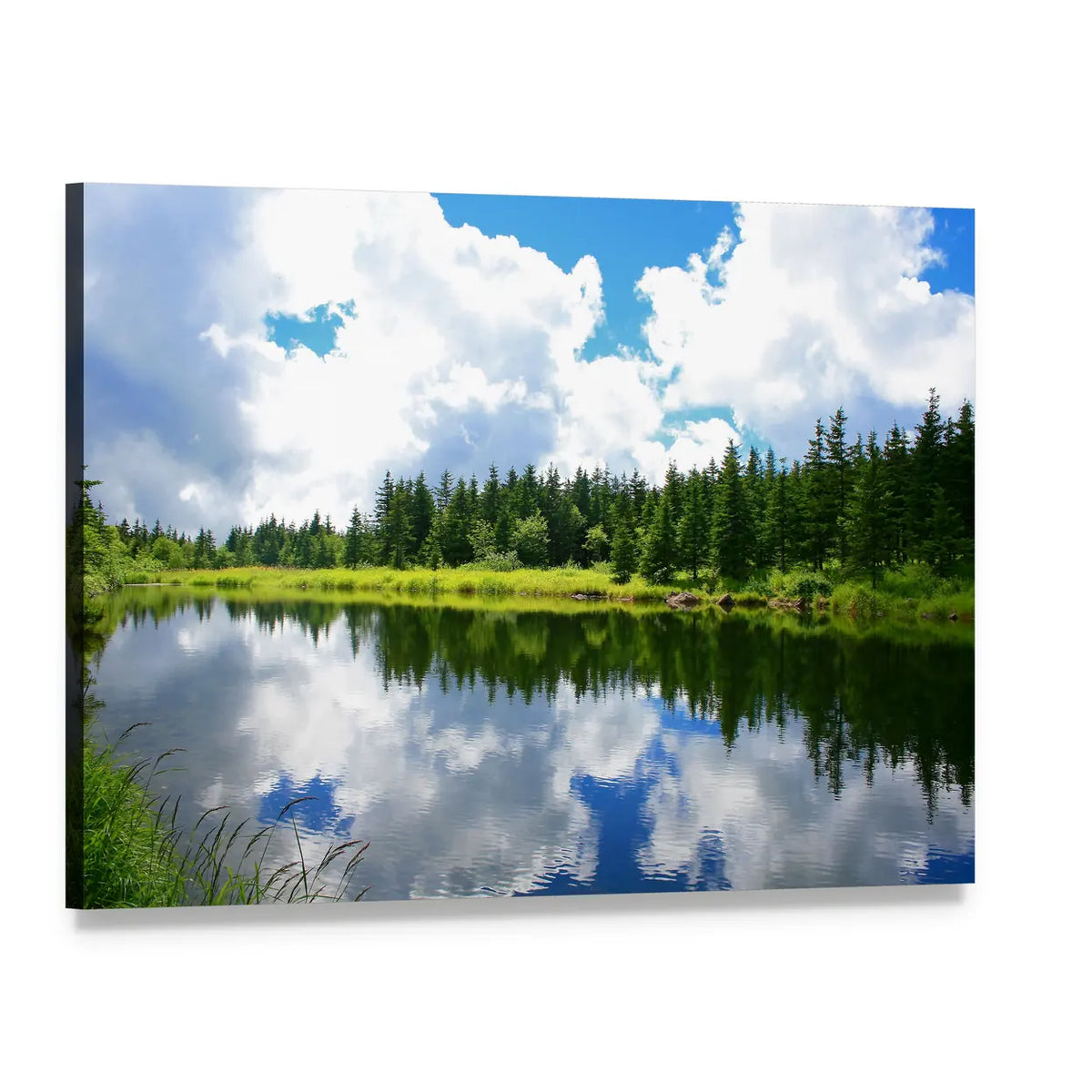 Blue Mountain Lake with Forest Reflection Canvas Wall Art, single panel gallery wrapped canvas, angled product view