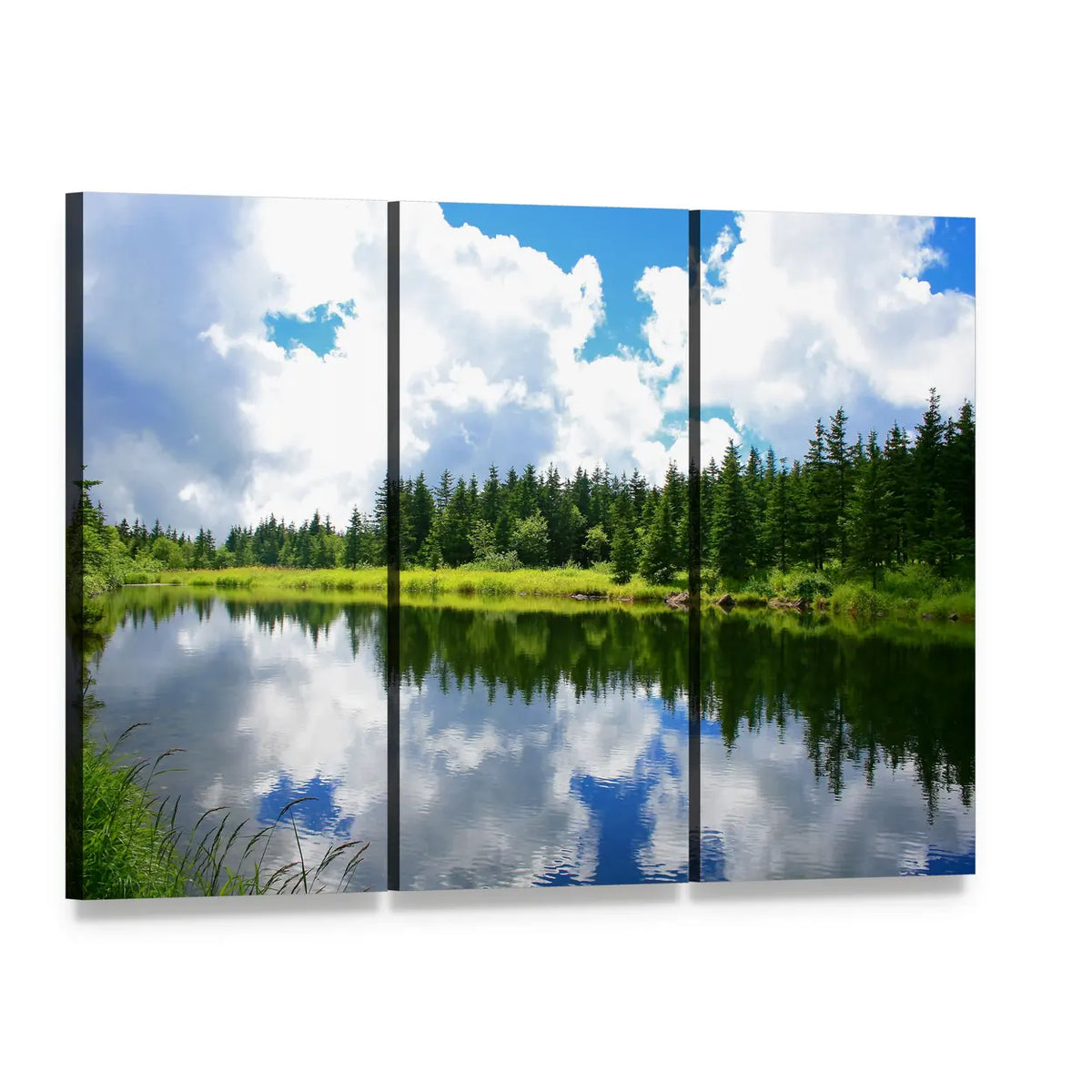 Blue Mountain Lake with Forest Reflection Canvas Wall Art, 3 panel 3 Horizontal layout gallery wrapped canvas set, angled product view