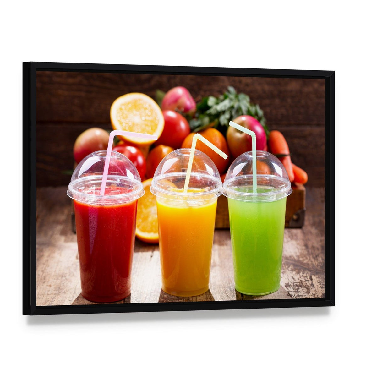 Juices with Fruits Canvas Wall Art, framed canvas in a black floater frame, angled product view