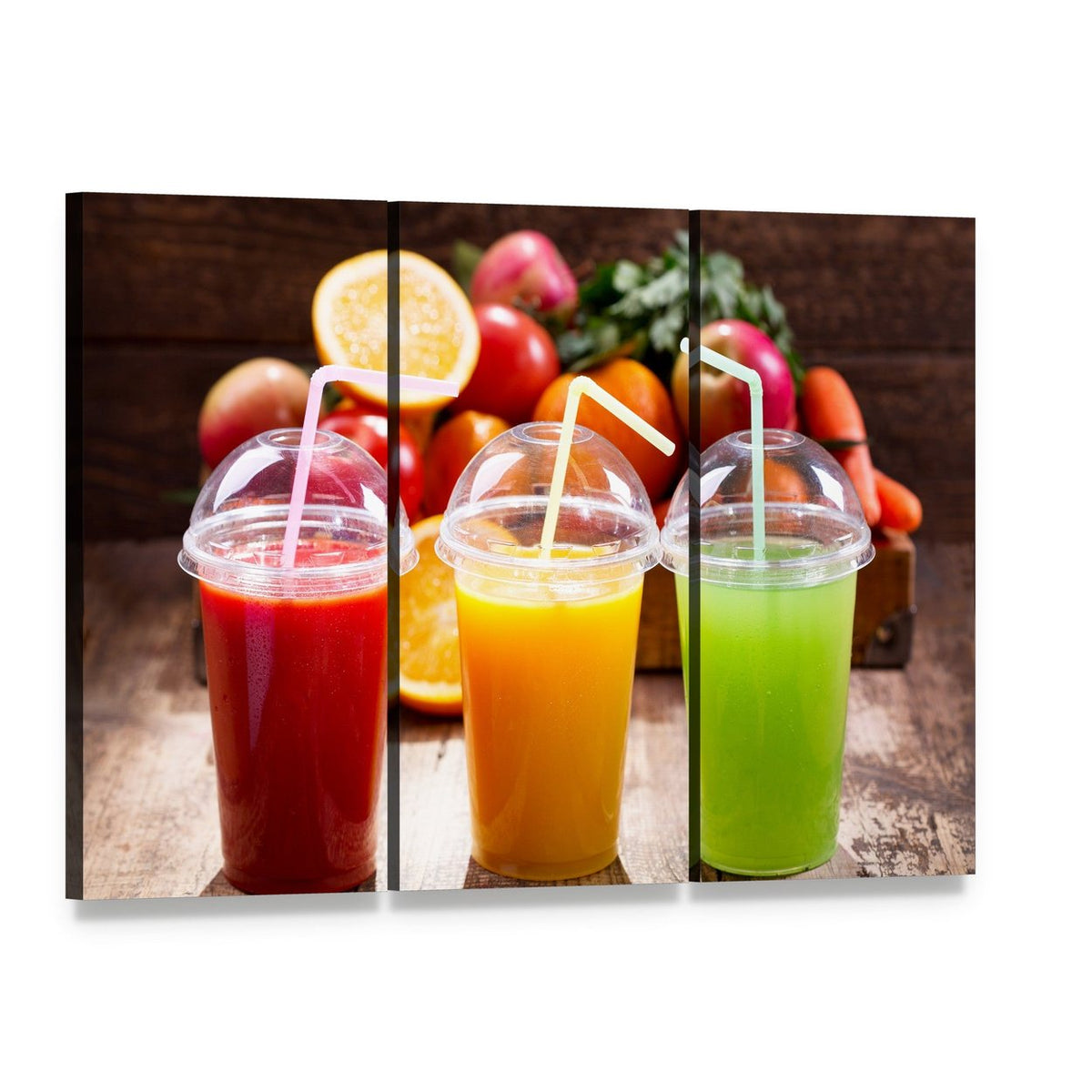 Juices with Fruits Canvas Wall Art, 3 panel 3 Horizontal layout gallery wrapped canvas set, angled product view