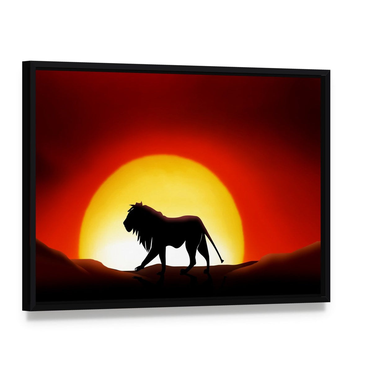 Lonesome Lion Canvas Wall Art, framed canvas in a black floater frame, angled product view