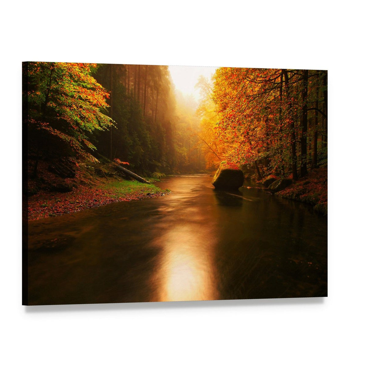 Autumn Mountain River Landscape Canvas Wall Art, single panel gallery wrapped canvas, angled product view