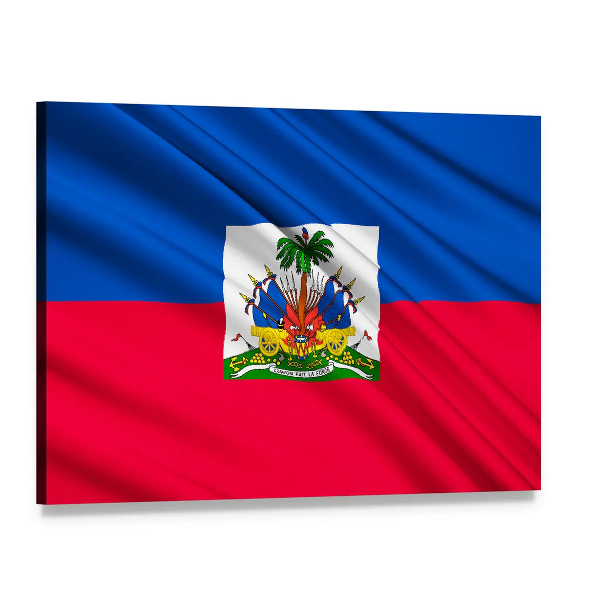 Haitian Flag with Coat of Arms Canvas Wall Art, single panel gallery wrapped canvas, angled product view