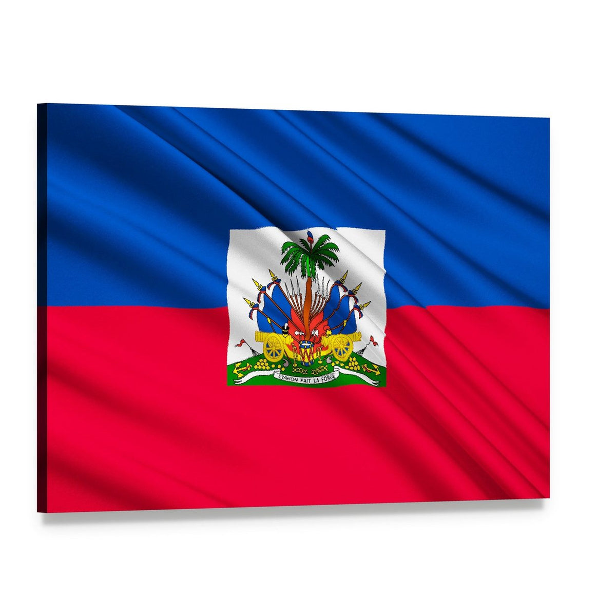 Haitian Flag with Coat of Arms Canvas Wall Art, single panel gallery wrapped canvas, angled product view